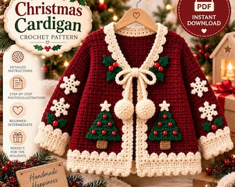 May include: A deep red crochet cardigan featuring a cream-coloured scalloped trim, two green Christmas tree appliqués with red bead ornaments, white snowflake motifs on the sleeves, and a cream tie closure with two pom-poms at the neckline.