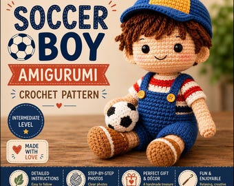May include: A crochet amigurumi doll of a boy wearing a blue and yellow cap, a red and white striped shirt, and blue overalls, holding a small football. The image includes text: WONDERGROVELEARNING, SOCCER BOY AMIGURUMI CROCHET PATTERN.