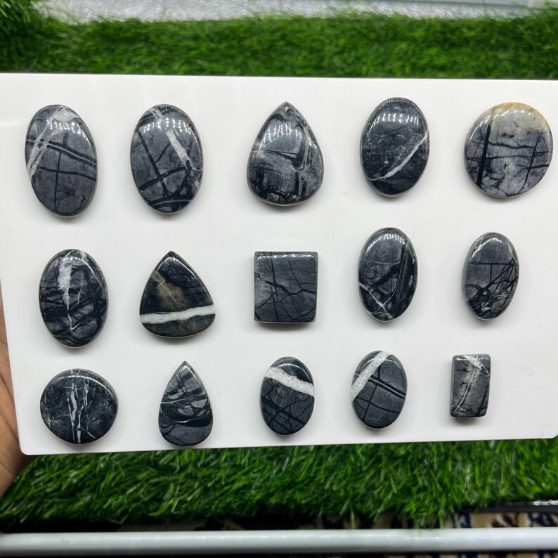 May include: A collection of fourteen polished cabochons made of dark gray stone with prominent white veining. The stones are arranged in three rows on a white display board, featuring various shapes including ovals, teardrops, rectangles, and circles.