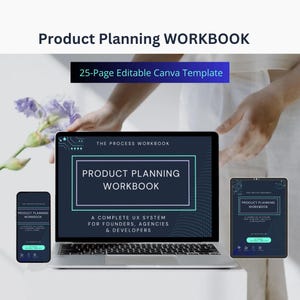 Op de afbeelding: Een digitaal productplanningswerkboek weergegeven op een laptop, een tablet en een smartphone. De scherminterface bevat de tekst Product Planning Workbook, A Complete UX System for Founders, Agencies & Developers en 25-Page Editable Canva Template.