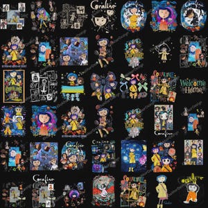 May include: A digital collection of Coraline character graphics featuring various illustrations of the blue-haired protagonist in a yellow raincoat, alongside buttons, cats, and the text Coraline and Welcome Home, arranged in a grid on a black background.