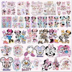 Può includere: Una collezione di adesivi con Minnie Mouse e Daisy Duck in varie pose e abiti. I disegni includono testi come Besties, Girls Just Wanna Have Fun e Daisy. La tavolozza dei colori è composta da rosa, viola, blu e bianco.
