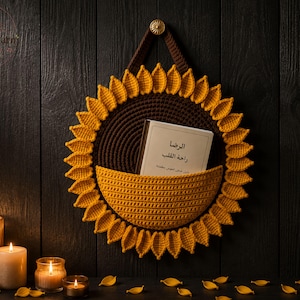 May include: A circular crochet wall hanging shaped like a sunflower with dark brown centre and yellow petals. It features a pocket holding a book with Arabic text. A brown strap is attached to the top for hanging. The design is textured and handmade.