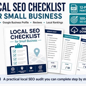 May include: A 12-page printable PDF local SEO checklist for small businesses. The document includes a 100-point SEO scorecard, website audit, Google Business Profile, reviews, and local rankings sections with checkboxes and score boxes for tracking.