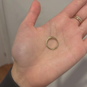 以下が含まれることがあります： 鱗のような質感の表面を持つ、とぐろを巻いた蛇の形をしたゴールドのリング。頭部には小さなダークレッドの宝石が埋め込まれています。リングは円形で、開いた手のひらの中央に置かれており、蛇の精巧な金属細工がはっきりと見て取れます。