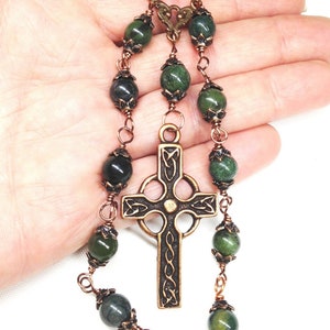 Pocket Rosary, Purse Dangle, Celtic Copper Cross,Olive Green Jade,Faith,Catholic,Christian,Spiritual Accessory,Prayer Beads,Car Cross,