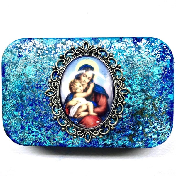 Catholic Rosary Tin, Rosary Keepsake Tins, Blue Tin Box, Rosary Tins, Rosary Boxes, Mother Mary Tins,Felted Bottom, Image of Virgin Mary
