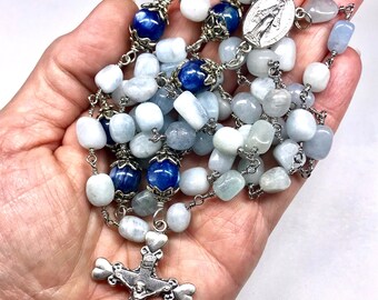 Catholic 5 Decade Rosary, Blue Aquamarine Nuggets, Blue Kyanite Pater Beads, Silver Heart Crucifix, Miraculous Heart Center, Religious Gifts