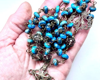 5 Decade Wire Wrapped,True Bronze,Catholic Rosary,Blue Crazy Lace Rondelles,Faceted Crystal Paters,Heirloom Quality,Fathers Day Gift