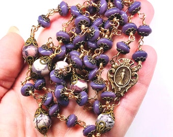 Catholic Rosary,TRUE BRONZE Crucifix & Medal,True Bronze Wire Wrap,Purple Rondelles,Amethyst Briolette Dangle,Porcelain Jasper,Prayer Beads