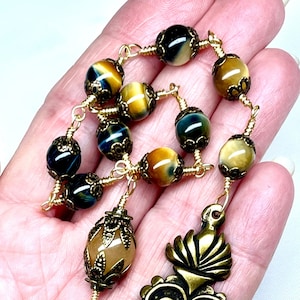Catholic Tenner Rosary,Yellow Blue TigerEye Aves,Yellow Dream Agate,Pardon Crucifix, Bronze,Sacred Heart Medal,Prayer Beads,Heirloom Quality