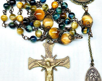 Wire Wrapped Catholic Rosary,Jesus Image Center,Gold Blue Tiger Eye Beads,Bronze Crucifix & Mary Medal Dangle,Heirloom Quality,Prayer Beads