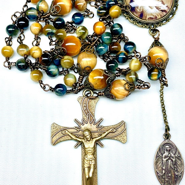 Wire Wrapped Catholic Rosary,Jesus Image Center,Gold Blue Tiger Eye Beads,Bronze Crucifix & Mary Medal Dangle,Heirloom Quality,Prayer Beads