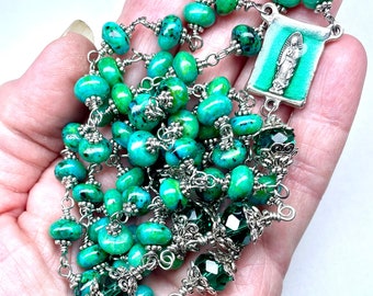 Wire Wrapped Silver & Green Rosary,Chrysocolla Rondelles,Crystals,Our Lady of Guadalupe Center,Enameled Crucifix,Heirloom Quality,Prayer