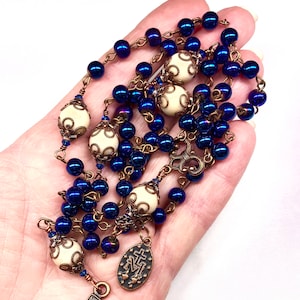 Catholic Rosary,Blue & Copper,6mm Glass Pearls,10mm Cream Riverstone,Copper Papal Crucifix,Fancy Scroll Center,Prayer Beads,Heirloom,Gifts
