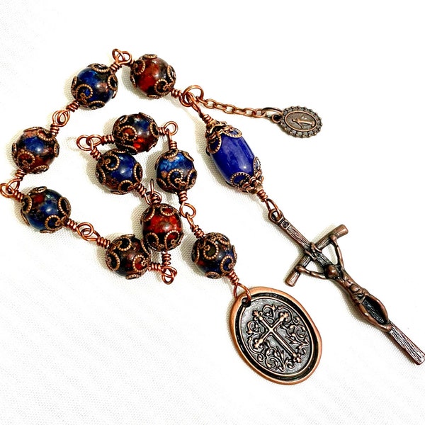 Catholic Rosary Tenner,10mm Blue & Copper Jasper,Pocket Rosary,Pocket Tenner,Decade Rosary,Papal Crucifix,Immaculate Heart Dangle,Copper