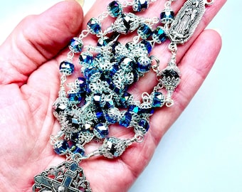 Teal Crystal & Silver Rosary,Catholic Gifts,Crucifix with Angels,Heart Dangle,Lady of Guadalupe,Heirloom Quality,Prayer Beads,Lent,Easter