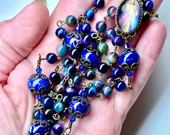 Catholic Rosary,5 Decades,Lapis Lazuli Paters,Multi Color Cats Eye Aves,Devine Mercy Jesus Center,Heirloom Quality,Prayer Beads