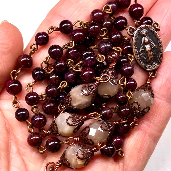 Catholic Rosary, 8mm Garnets, 10mm Sunstone, Copper Crucifix & Miraculous Center, Prayer Beads, Pray The Rosary, Beautiful, Catholic Gifts