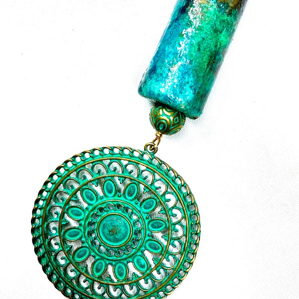 Wine Cork Jewelry, PENDANT ONLY, Filigree Medallion,Patina Green, Gypsy,Boho,Earthy,Rustic,Elegant Statement Piece, Hippie Chic,Unique Piece