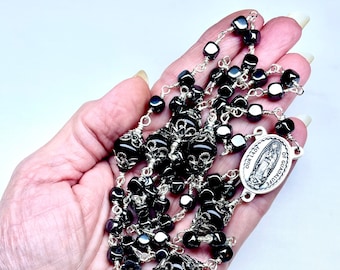 Catholic Wire Wrapped Rosary,Oxidized Silver Medals,Our Lady of Guadalupe,Pardon Crucifix,Prayer Beads,Silver,Heirloom Quality