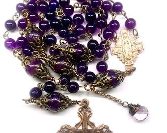 TRUE BRONZE Catholic Rosary,6mm Purple Tiger Eye,Mother Mary Sacred Heart Center,10mm Lepidolite,Heirloom Rosary,Prayer Beads,Briolette