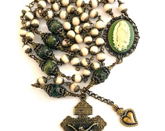 Our Lady of Guadalupe Catholic Rosary,Antique Bronze,Green Olive Jade & Cream Color Riverstone,Prayer Beads,Sacred Heart Dangle,Cameo Center