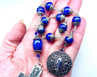 Tenner Rosary,Blue & Silver,Bali Beads,Lapis Lazuli,Large Mary Medal,Catholic Gifts,Handmade Heriloom Quality,Decade Rosary,Prayer Beads,,