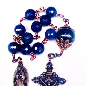 Catholic Tenner Rosary, Copper & 10mm Dumortierite, Fancy Vatican Style Crucifix, Our Lade of Guadelupe Medal, Prayer Beads, Gifts, Pray