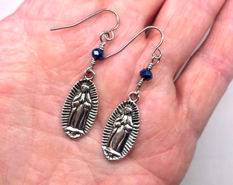 Catholic, Earrings, Our Lady of Guadalupe, Virgin Mary Dangle Drop Earrings, Blue Faceted Crystal Rondelle, Faith Earrings, Catholic Gifts