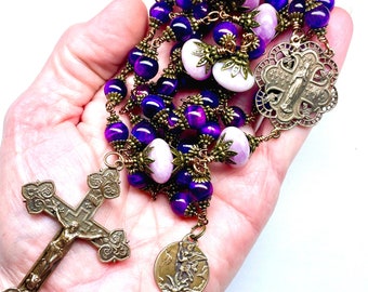 Large True Bronze Wire Wrapped Catholic Rosary,8mm Purple Tiger Eye,Kunzite Rondelles,Prayer Beads,Heirloom Quality,St Michael Medal Dangle