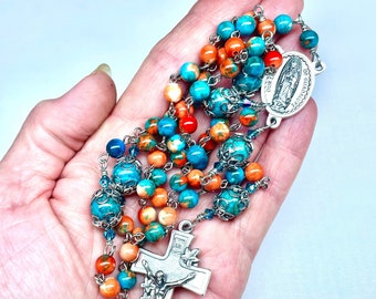 Catholic 5 Decade Rosary,Oxidized Silver,Ocean Blue & Orange Jade,Swarovski Crystals,Our Lady of Guadalupe Center/Pray for Us,Prayer Beads