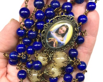 Catholic Rosary,Starburst Crucifix,Lapis Ave Beads,Yellow Dream Agate Paters,Mother Mary Image Center,Prayer Beads,Religious Gifts,Christmas