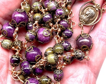 True Bronze Wire Wrapped Catholic Rosary,True Bronze Our Lady of Lourdes Center & Crucifix,Atlantisite Beads,Lepidolite Beads,Heirloom Quali