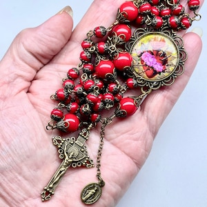 Sacred Heart Antique Bronze Rosary,Red Rondelles,Red Pater Beads,Image Center,Prayer Beads,Papal Style Crucifix,Miraculous Medal Dangle