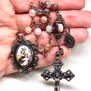 Rosary Tenner,Faceted Sunstone & Moonstone,Copper Crucifix,Our Lady of Mt Carmel Image Medal,Oval Dangle,Prayer Beads,Lent, Easter,Catholic