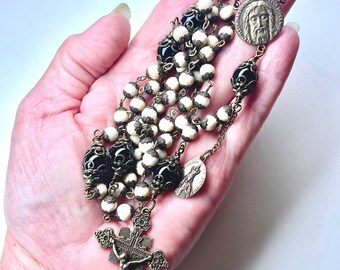 Black White Catholic Rosary,True Bronze Holy Face of Jesus Center & Holy Mother Medal Fatima on Back,Antique Bronze Crucifix,Heirloom Qualit