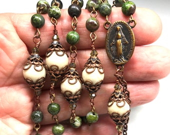 Catholic Five Decade Rosary,6mm Rain Forrest Jasper,10mm Riverstone,Copper Crucifix & Cntr,Copper Heart Dangle,Prayer Beads,Heirloom Rosary