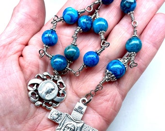 Catholic Tenner Rosary,Wire Wrapped Blue Crazy Lace,Face of Jesus Crucifix,Our Mother Medal,Heirloom Quality,Prayer Beads,16 Inch Tenner
