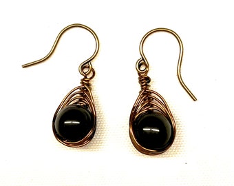 Stylish Black Obsidian Gemstones, Rustic Wire Wrapped Drops In Vintage Bronze Artisitic Wire, Handcrafted French Hooks