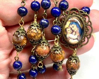 Catholic Rosary,Antique Bronze St Benedict Crucifix,6mm Lapis,10mm Autumn Jasper,Handmade Image Lady Mt Carmel,Prayer Beads,Free Shipping