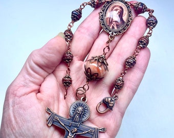 Catholic Tenner Rosary,Copper Trinity Crucifix,Our Lady of Sorrows Image Center,Poppy Jasper Rondelles,Amazonite Pater Bead,Heirloom Quality