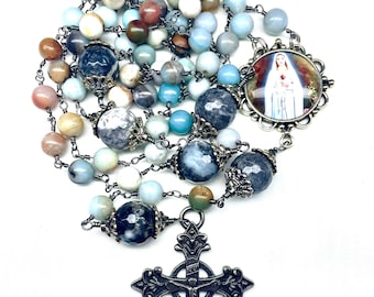 Large Catholic 5 Decade Amazonite Rosary,Gunmetal Crucifix & Wire Wrap,Sacred Heart Our Lady,Prayer Beads,Holy Rosary,Heirloom Rosary