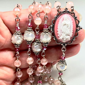 Catholic Rosary,Faceted Rose Quartz,White Luster Crystal Rondelles,Our Lady of Guadalupe Cameo Center,Starburst Crucifix,Prayer Beads,Swarov