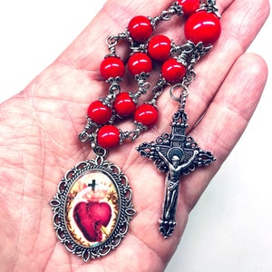 Red & Silver Rosary Tenner, Decade Rosary, Sacred Heart Image Medal, Vatican Style Crucifix, Red Riverstone Beads,Prayer Beads,Free Shipping