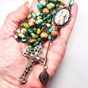 TRUE Bronze,GENUINE Turquoise Nuggets,Catholic Rosary,Autumn Jasper,Mary Sacred Heart Image & Medal, Center,Pray The Rosary,Holy Rosary