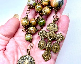 Catholic Tenner Rosary,Rhyolite Beads,Pardon Crucifix with St Benedict Miraculous,Prayer Beads,Heirloom Quality,Our Lady of Guadalupe Medal