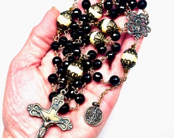 Bronze Catholic Rosary, Black Onyx, Cream Riverstone, St Michael Medal