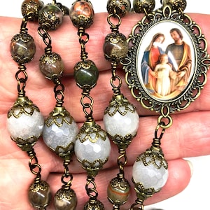 Catholic Rosary, Holy Family Image Center, Rain Forrest Jasper, Moonstone, Bronze, Heirloom, Unbreakable, Prayer Beads, Christmas Rosary