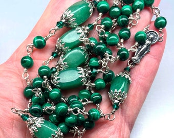 STERLING SILVER Catholic Rosary,Malachite Aves,Adventurine Paters,Argentium Silver Wire Wrapped,Heirloom Quality,Prayer Beads,Mother Mary